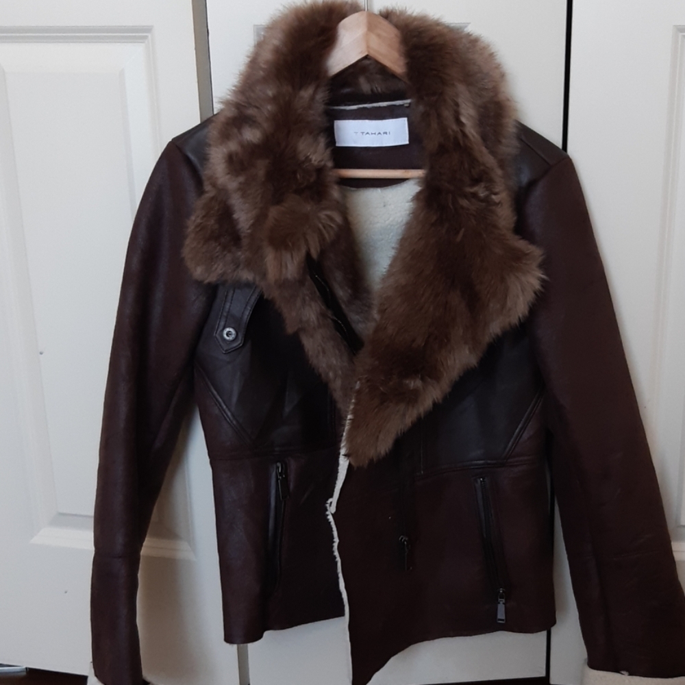 Vegan leather jacket with faux fur